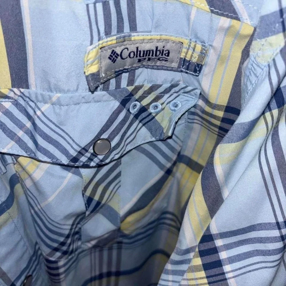 Columbia PFG Mens Large Plaid Long Sleeve Fishing Shirt Blue Yellow Button Down - Picture 4 of 6
